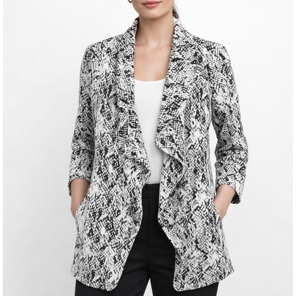Calvin Klein Women's Open Front Jacket Black White Ruffle Classic